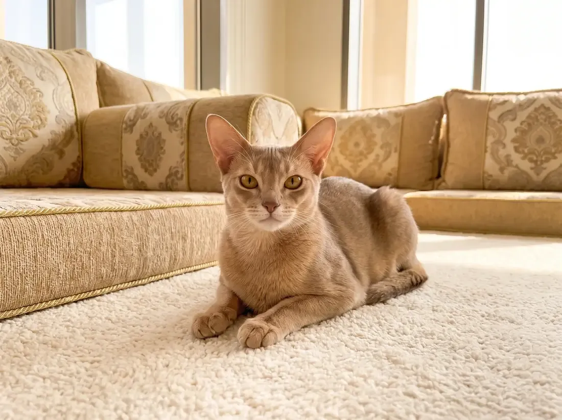 Abyssinian in Dubai, a fawn adult lying on a cream rug in front of majlis cushions