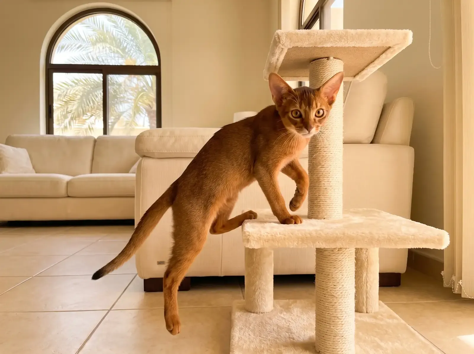 Abyssinian in Dubai, a young red cat climbing a sisal cat tree, palms through an arched window