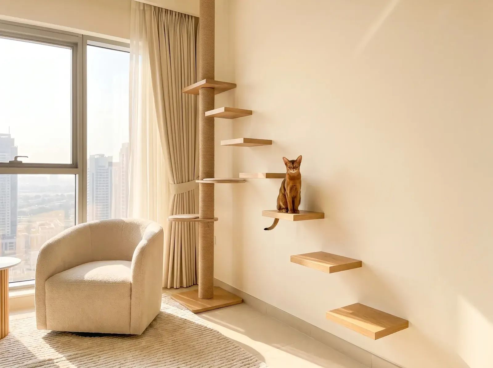 Abyssinian in Dubai, a ruddy cat halfway up floating shelves beside a cat tree, towers outside