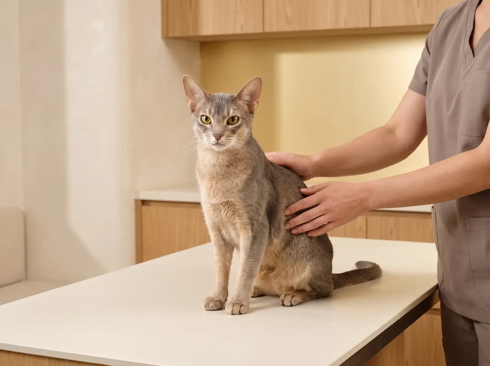 Abyssinian, a blue adult sitting calmly on a consultation table, steadied by hands in taupe sleeves