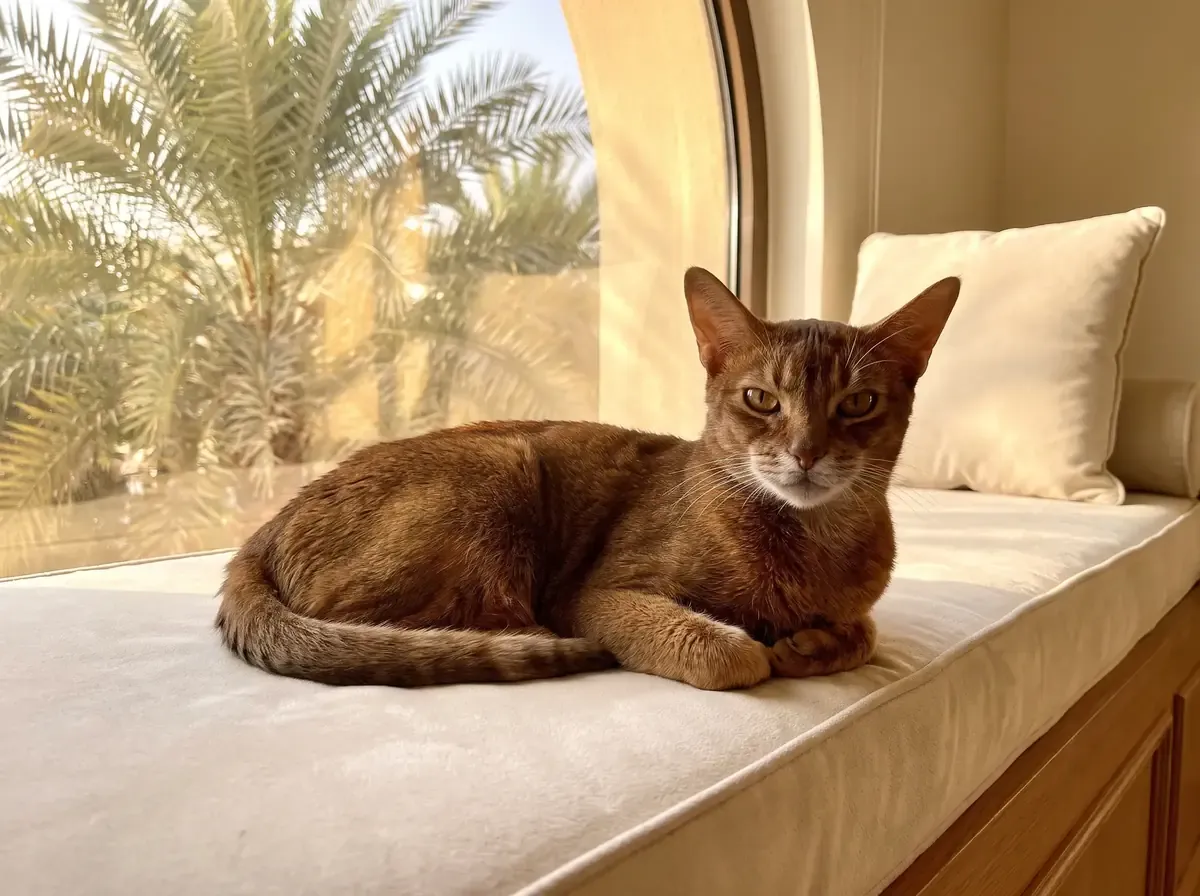 Abyssinian in Dubai, an older ruddy cat resting on a window seat, eyes open, palms outside