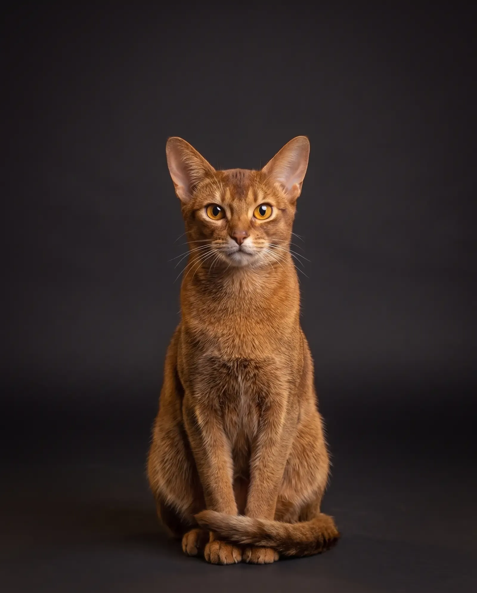 Abyssinian in Dubai, studio portrait of a calm ruddy adult with large ears, sitting