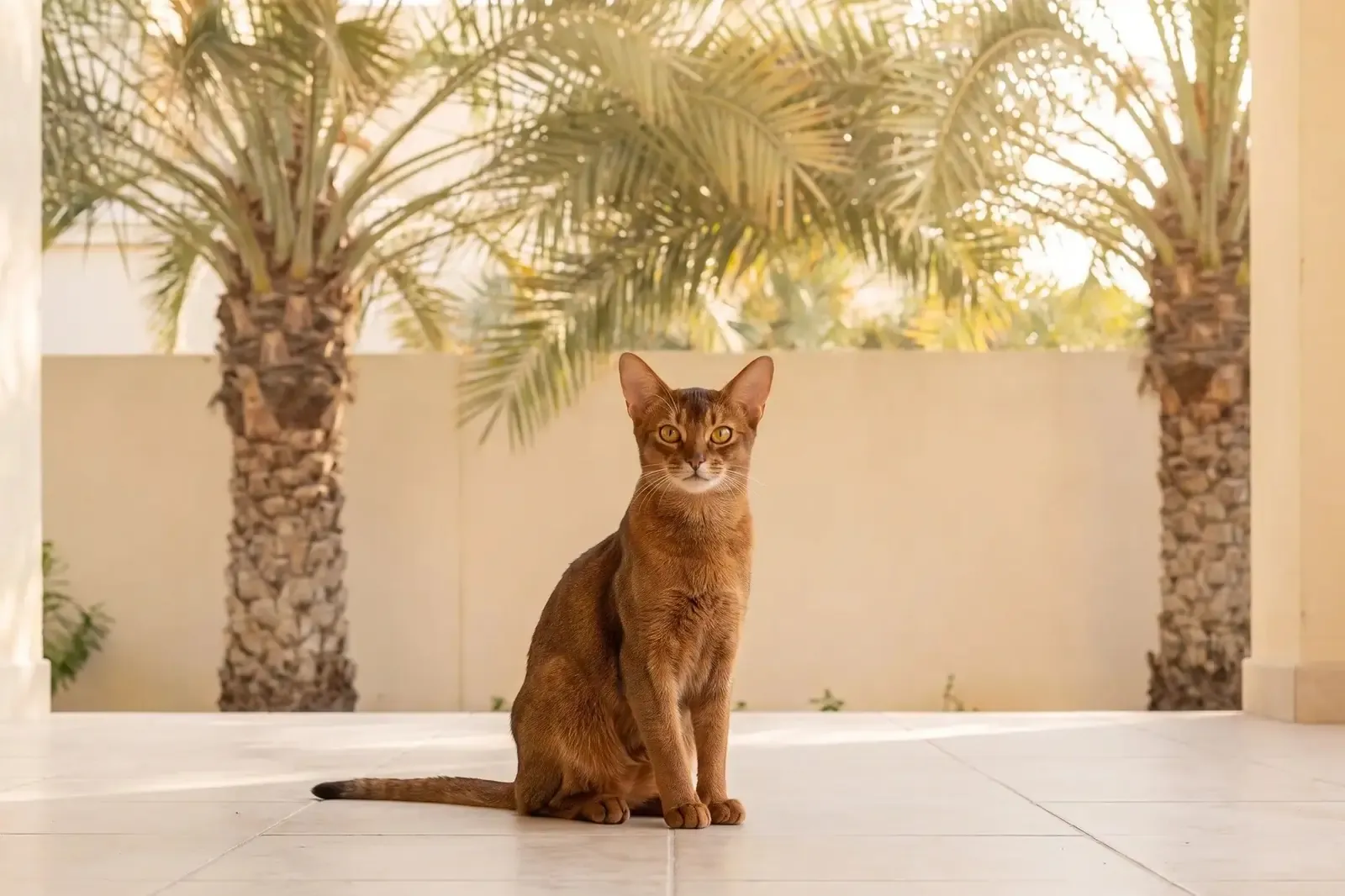 Abyssinian history, the breed today, a ruddy adult on a shaded villa terrace, Dubai, today