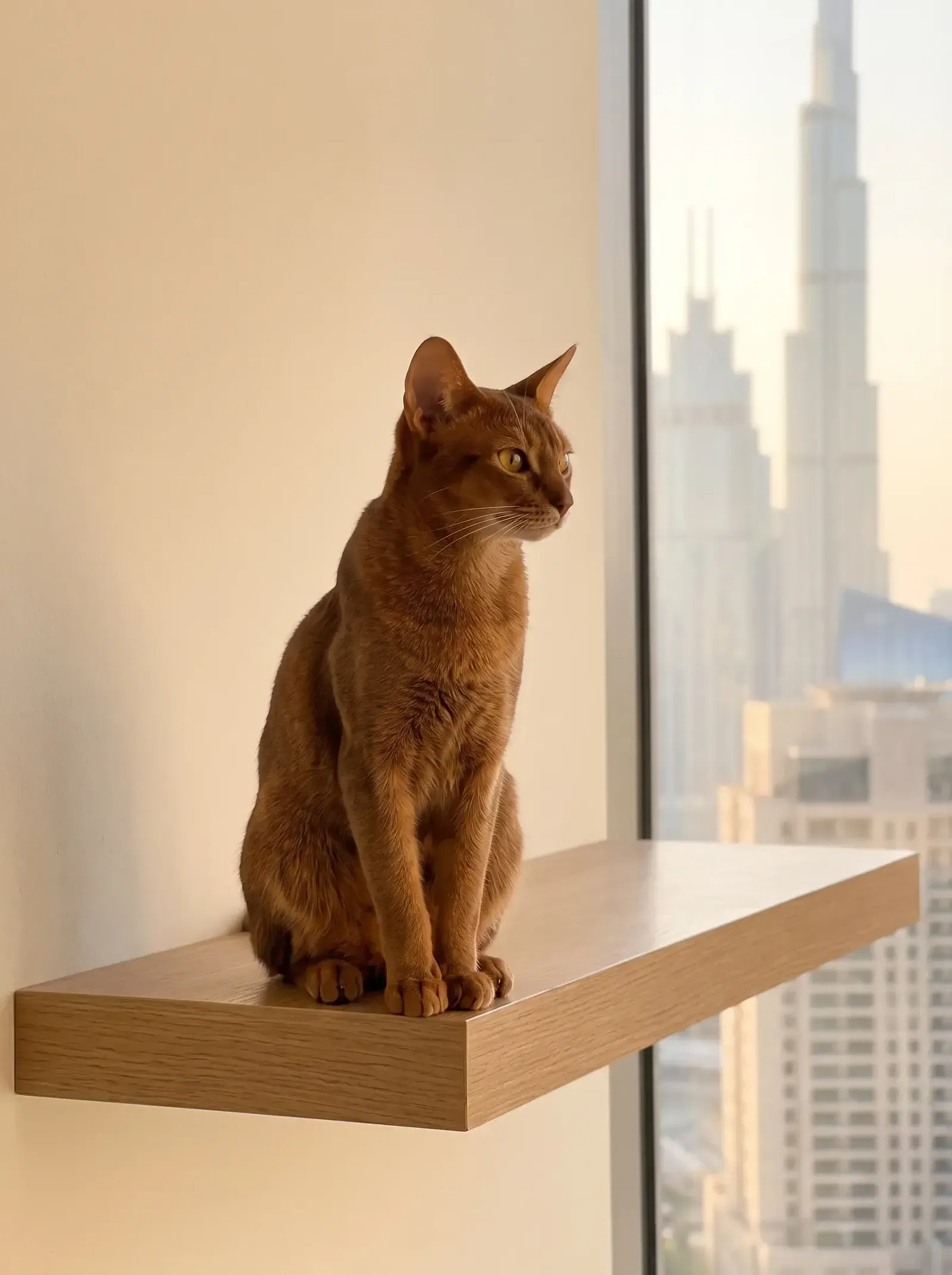 Abyssinian in Dubai, the same red cat on a floating shelf by a window, the skyline behind