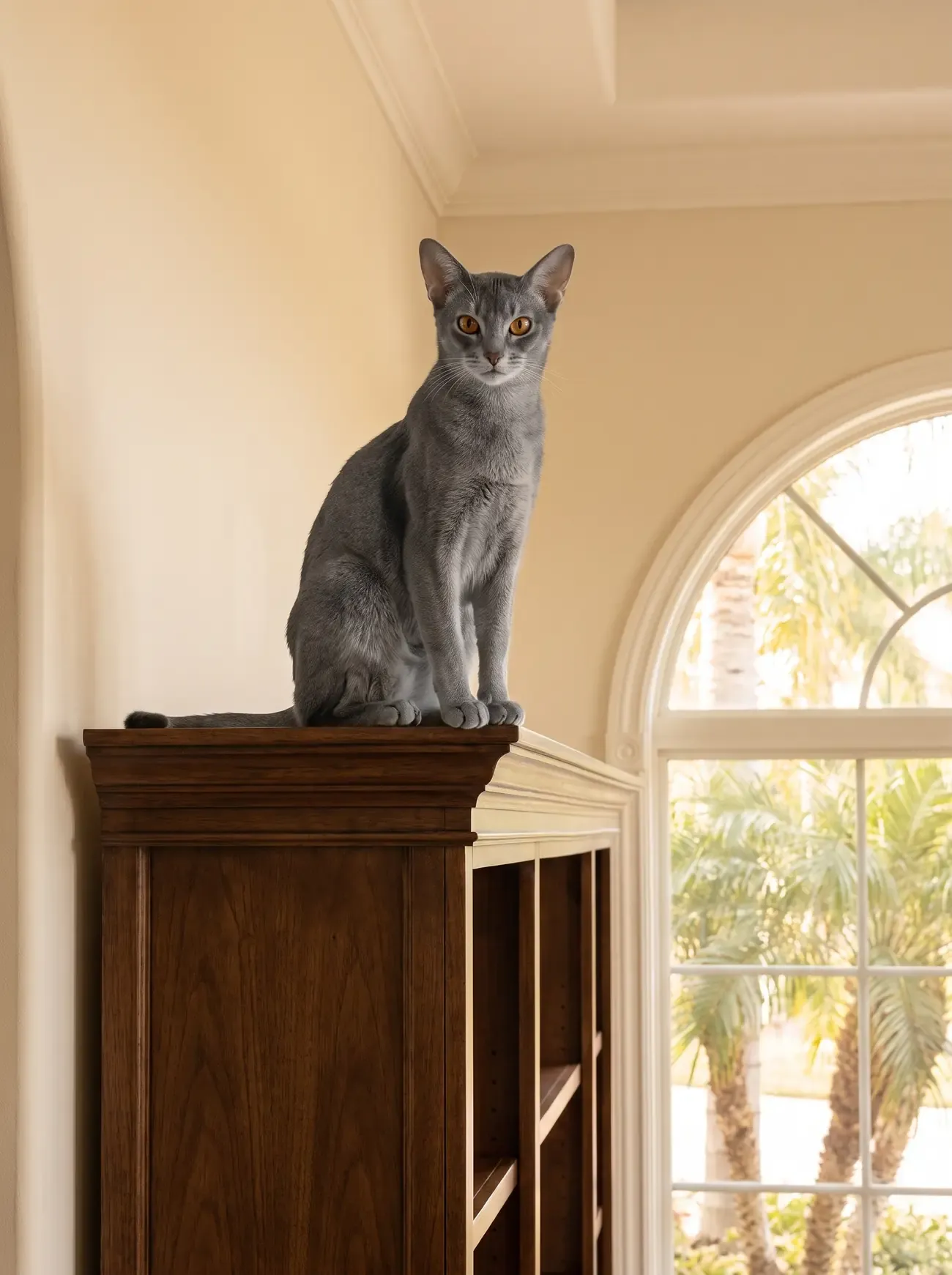 Abyssinian in Dubai, a blue adult sitting on top of a tall timber bookcase, palms through an arched window