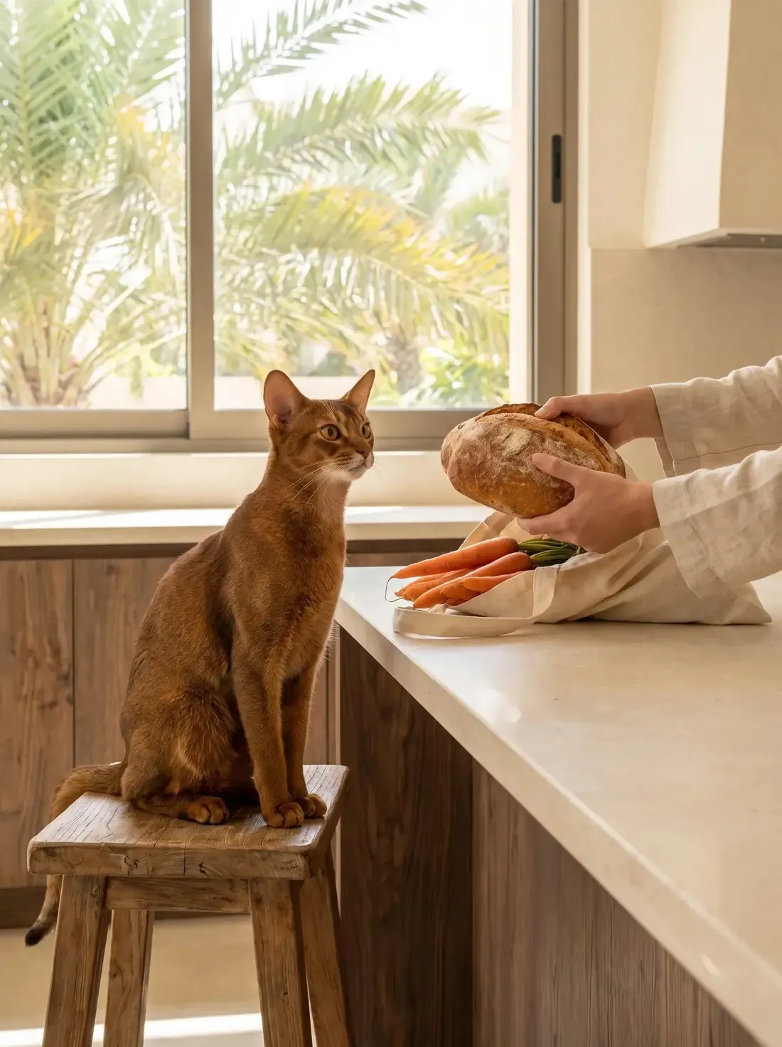 Abyssinian in Dubai, a ruddy adult on a kitchen stool watching the shopping come out, palms outside