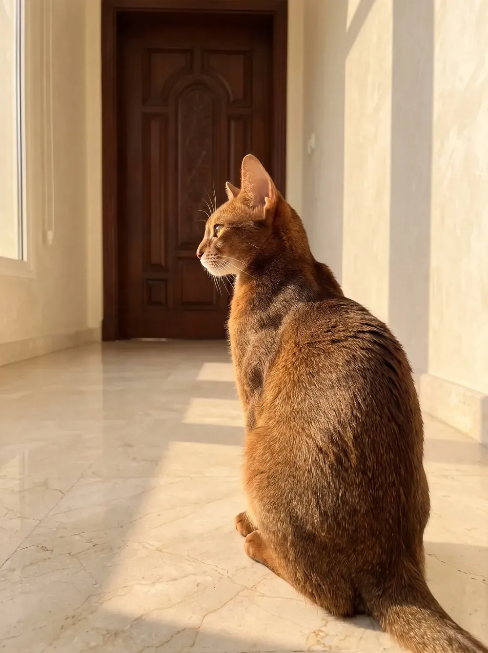 Abyssinian in Dubai, a red adult sitting alone facing a carved front door in a marble villa hallway