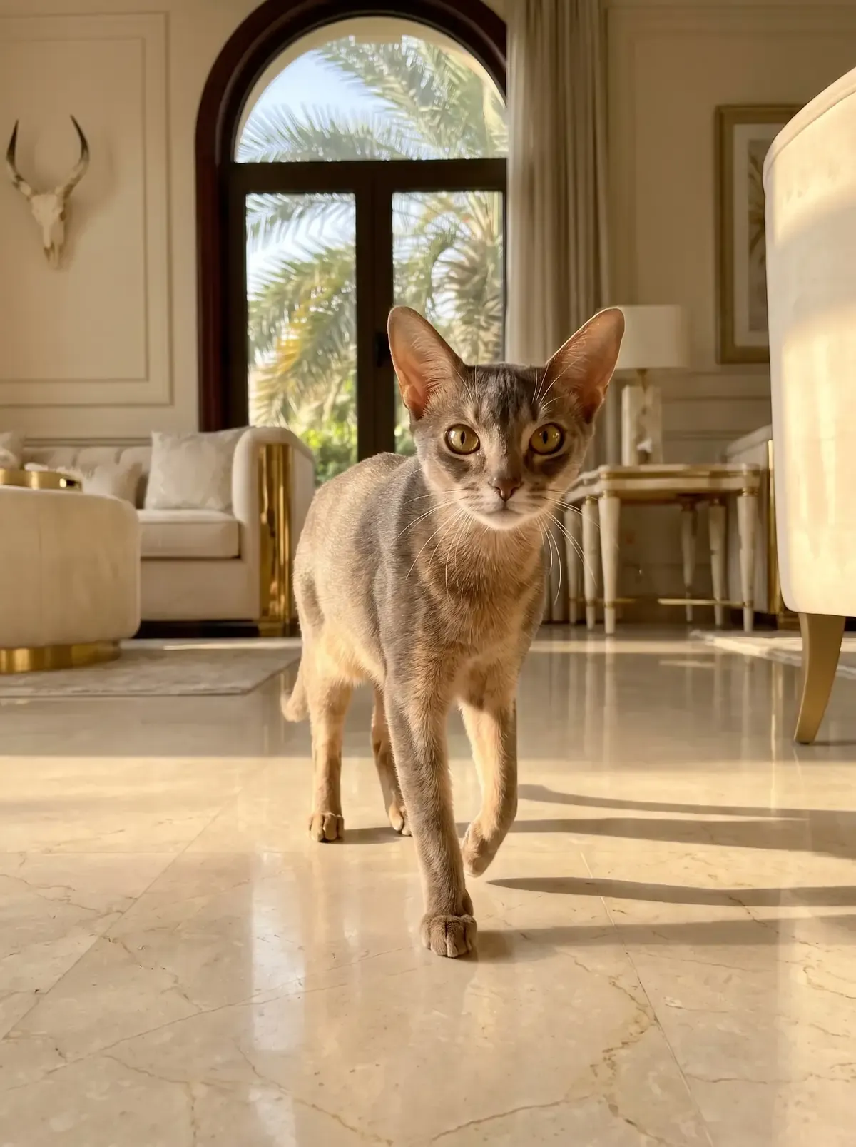 Abyssinian in Dubai, a blue adult walking across a marble floor, palms through an arched window