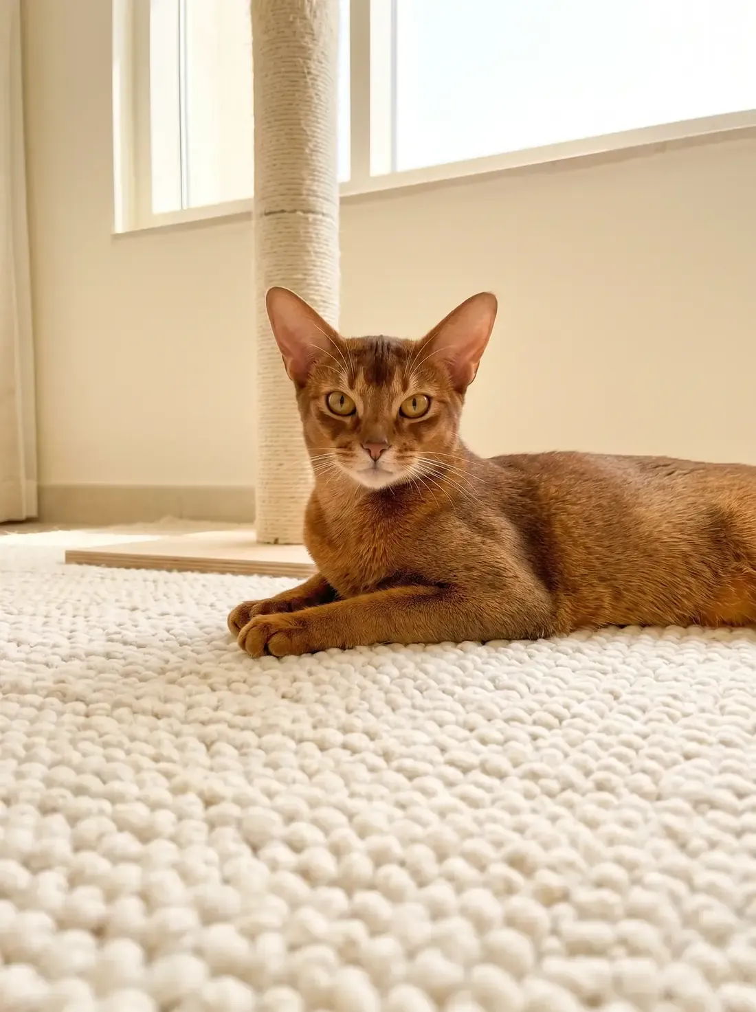 Abyssinian, a ruddy adult lying on a cream wool rug at the foot of a sisal cat tree
