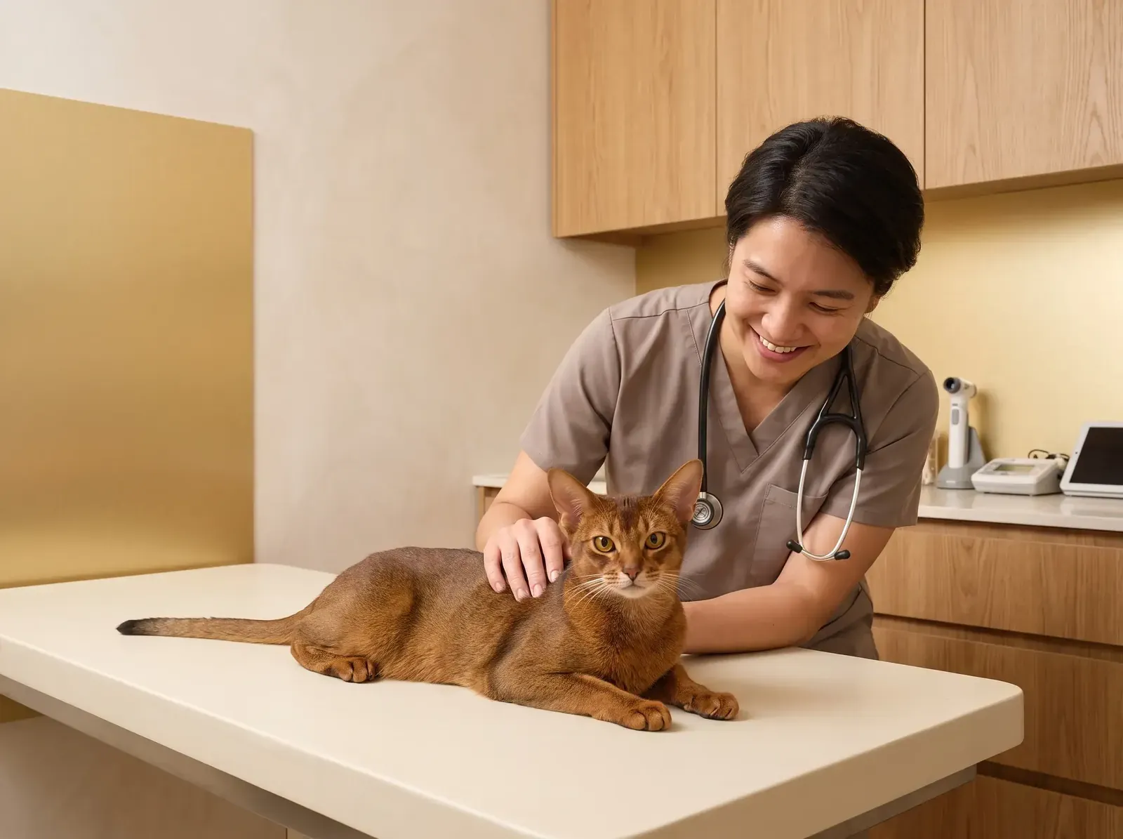 Abyssinian, a ruddy cat lying on a table beside a smiling vet in taupe scrubs, a hand on the cat