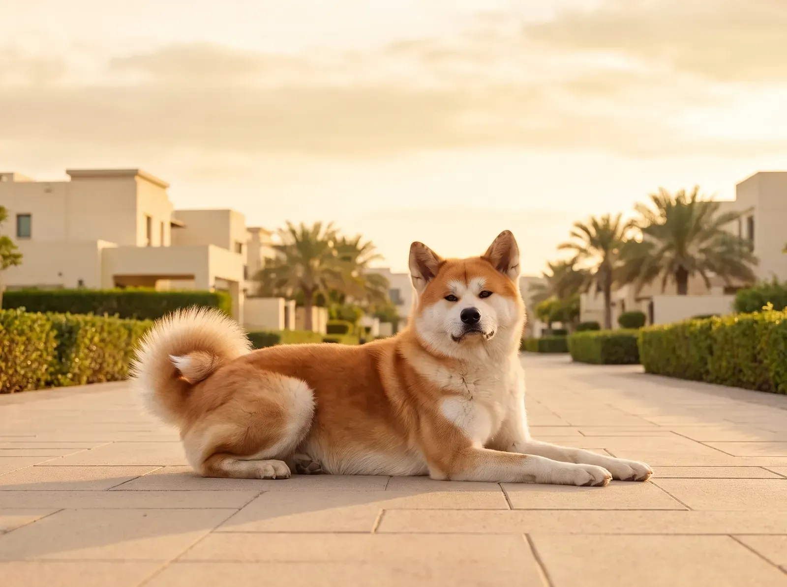 Akita in Dubai, a red Japanese type adult lying head up on a paved villa community path at golden hour, palms behind