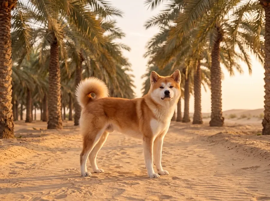 Akita in Dubai, a red Japanese type adult standing side-on on a sandy path between date palms at dawn