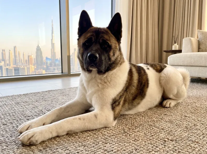 Akita in Dubai, a pinto adult lying on a woven rug, the Dubai skyline through the window behind