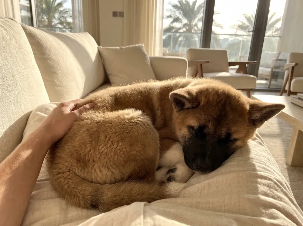 Akita in Dubai, a red fawn puppy asleep in a pet parent's lap on a cream sofa, palms outside