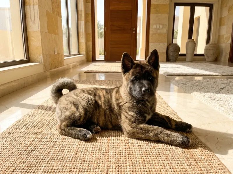 Akita, a brindle puppy lying on a woven mat on marble in a villa hallway near the front door