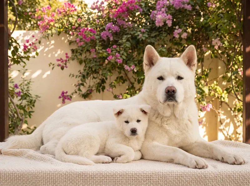 Akita, a white mother and puppy lying on a cream blanket by a bougainvillea wall