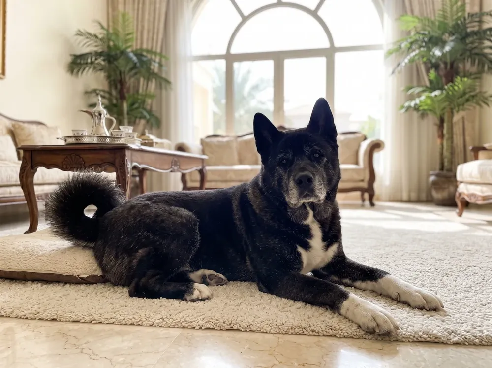 Akita in Dubai, an older black dog with a greying muzzle on a cushioned bed, palms through the window