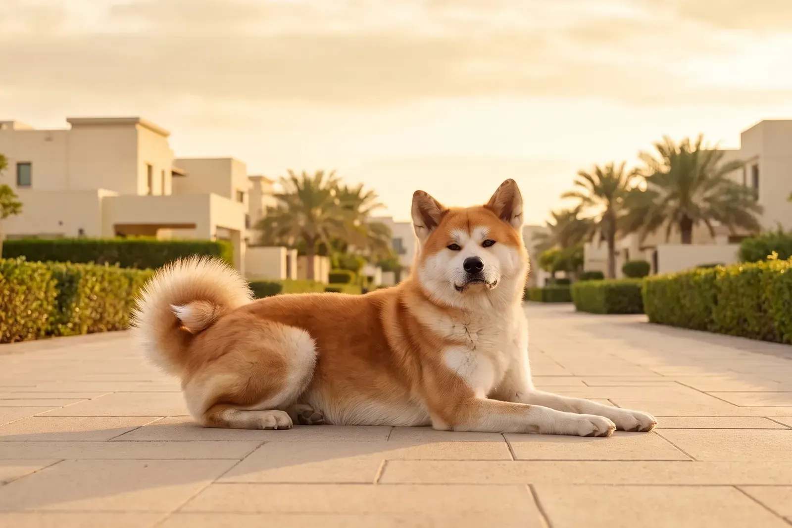 Akita history, the breed today, a red Japanese type adult lying on a villa community path, Dubai, 2026