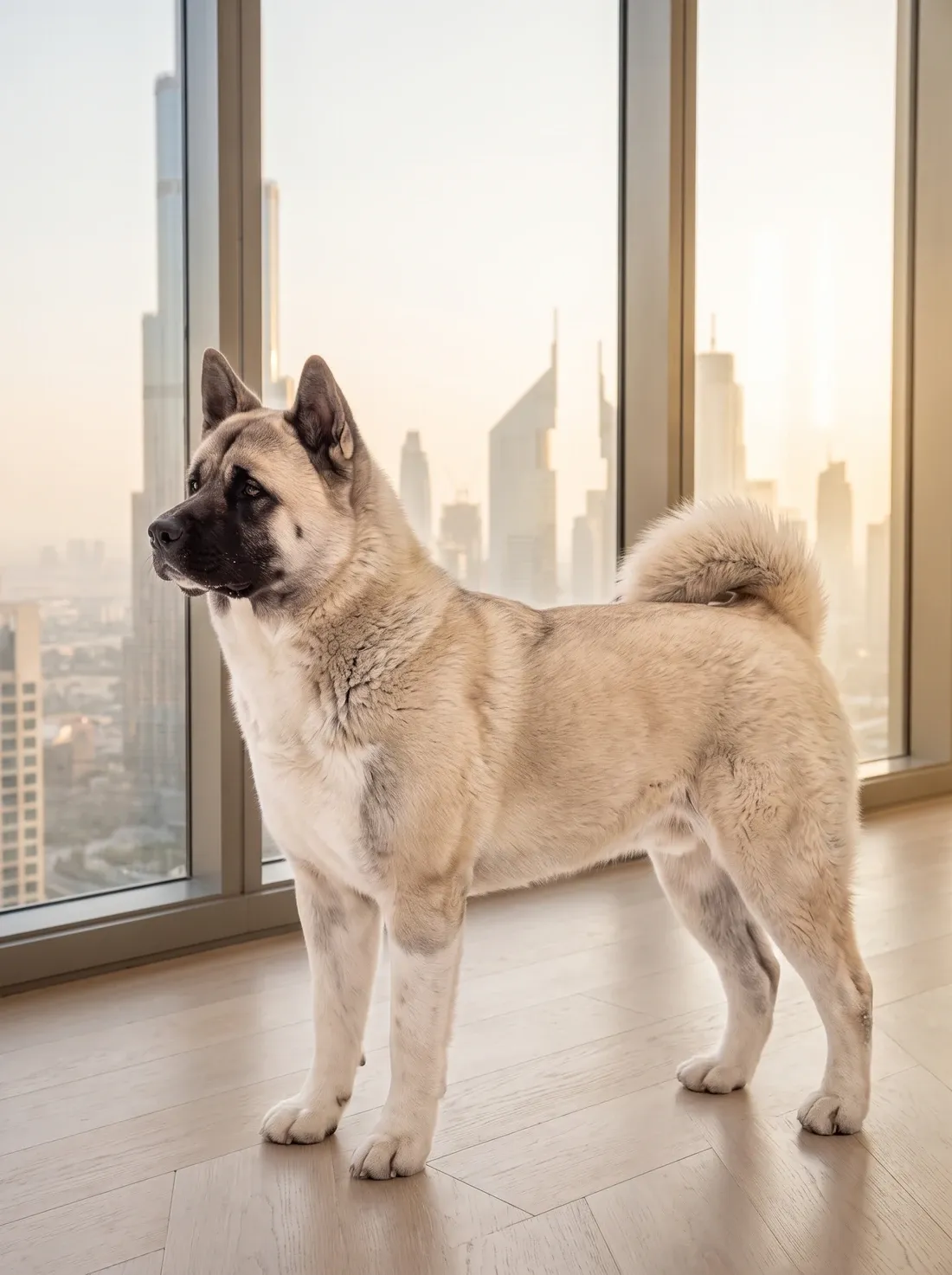 Akita in Dubai, the same adult standing in profile in a flat, the hazy Dubai skyline behind