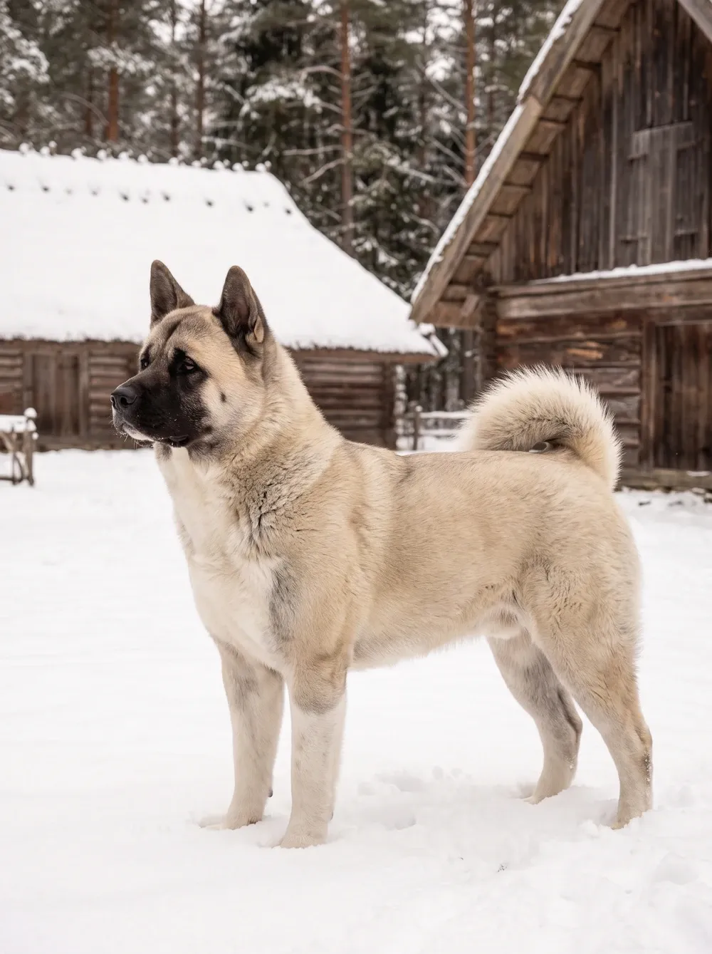 Akita, a silver fawn adult standing in profile in the snow of an old Japanese mountain village