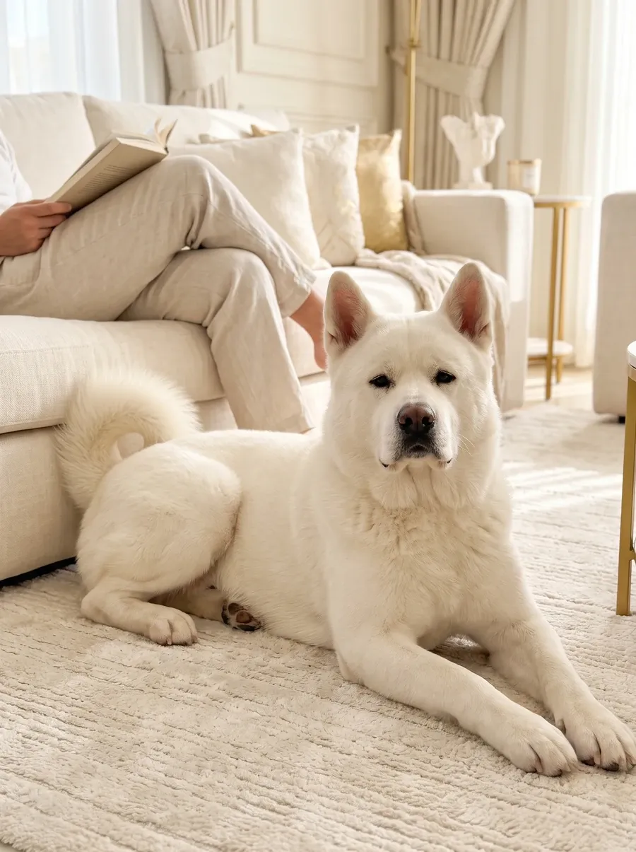Akita, a white adult lying on a cream rug as their person reads on the sofa behind
