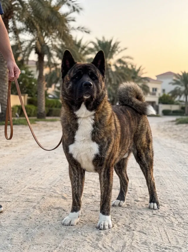 Akita in Dubai, a brindle adult standing on a loose lead on a sandy palm-lined villa path at dusk