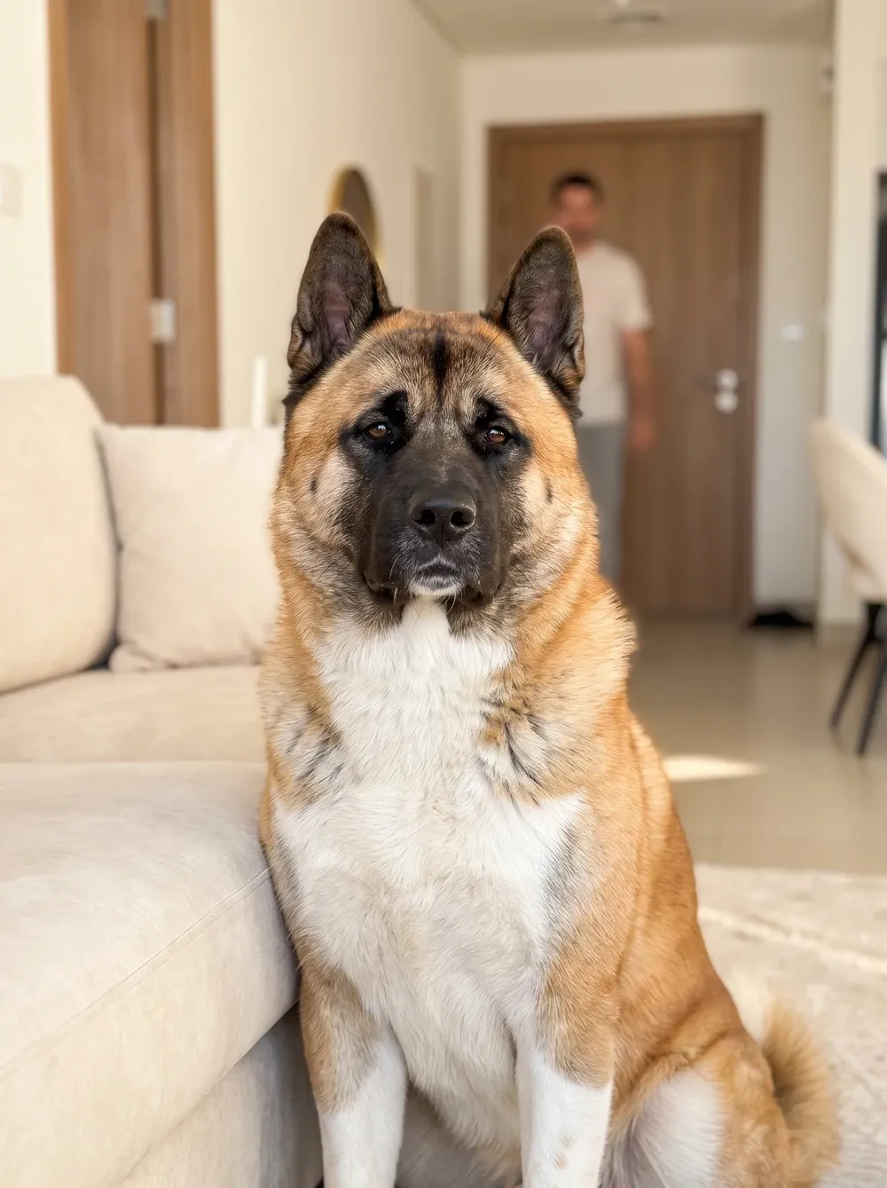 Akita, a red fawn adult sitting by a cream sofa, a visitor out of focus by the door