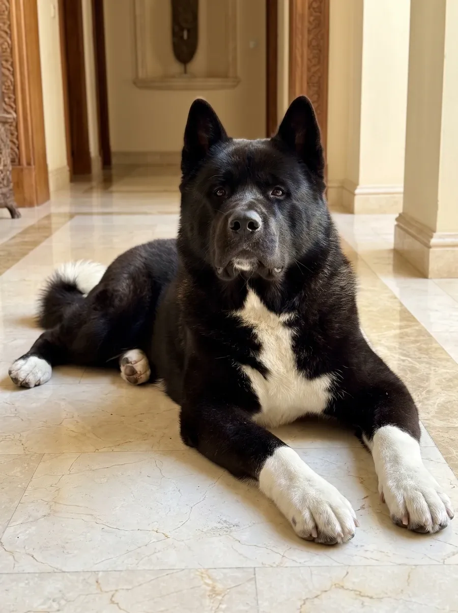 Akita, a black and white adult lying on cool marble tiles in a villa hallway
