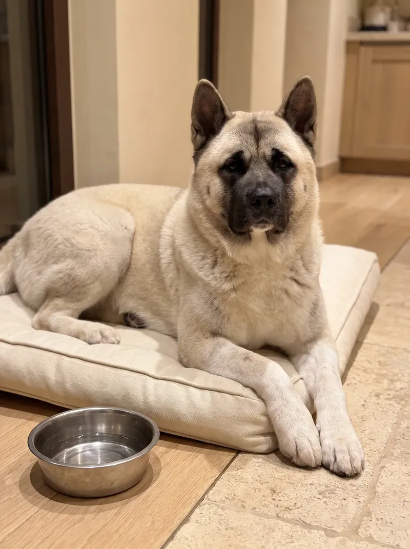 Akita, a silver fawn adult resting on a cream bed beside an empty steel food bowl