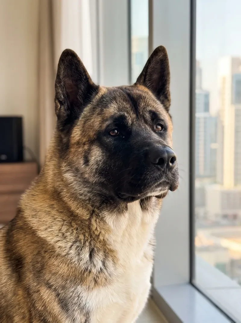 Akita in Dubai, close view of a brindle adult's face by a window, city towers behind