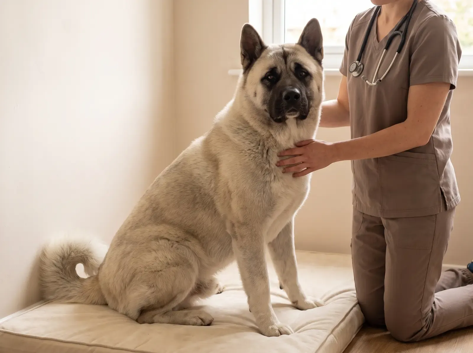 Akita, a silver fawn adult sitting on a padded mat as a vet in taupe scrubs rests a hand on their chest