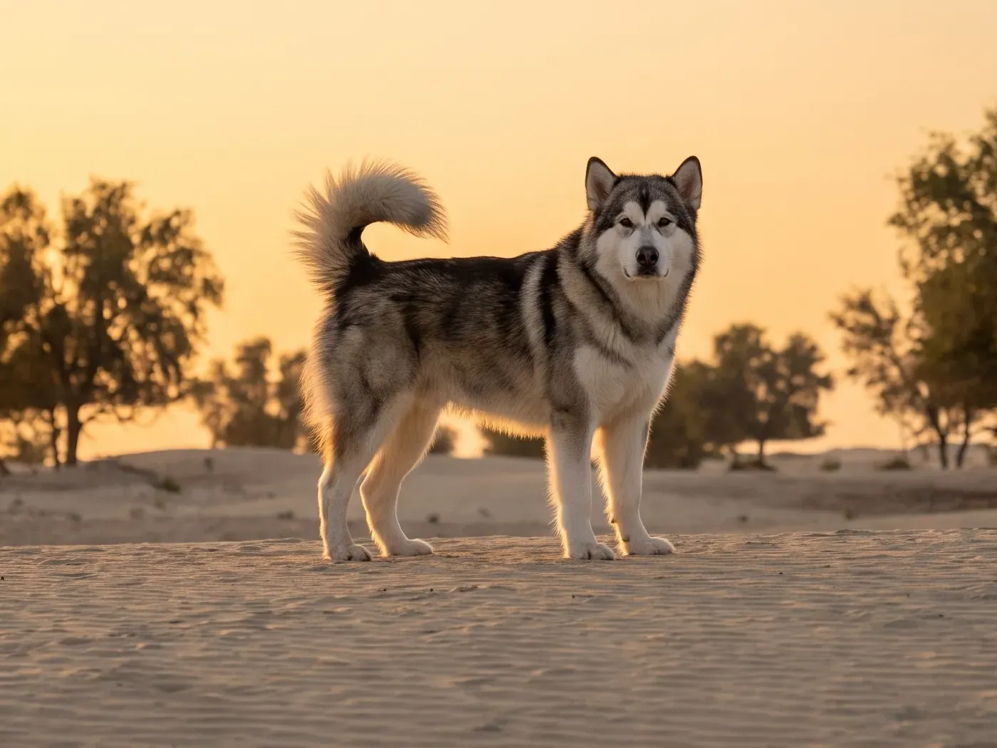 Alaskan Malamute in Dubai, a grey and white adult standing on pale desert sand among ghaf trees at first light