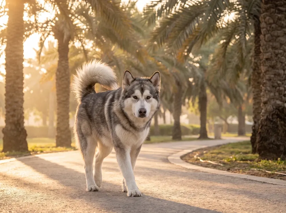 Alaskan Malamute in Dubai, a grey and white adult walking along a park path under date palms at sunrise