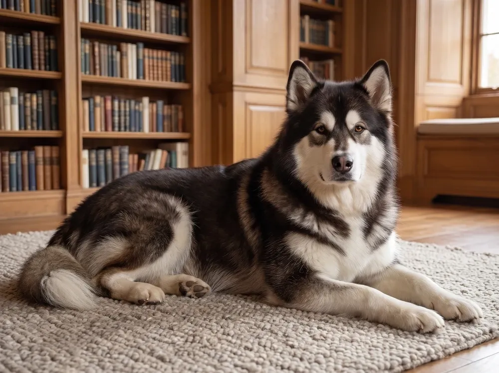 Alaskan Malamute, a seal and white adult lying on a stone wool rug in front of timber bookshelves