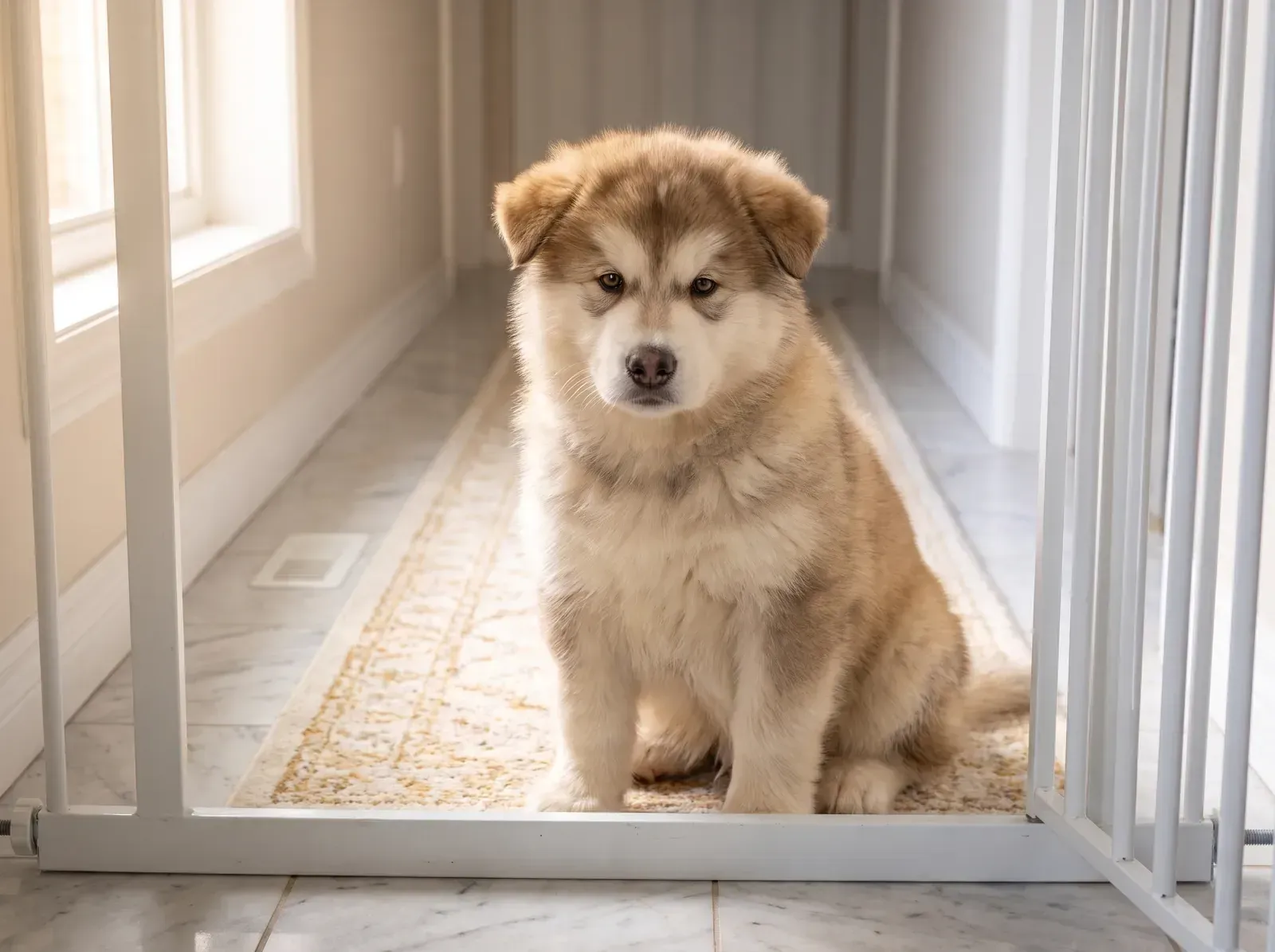 Alaskan Malamute, a sable and white puppy at a baby gate on a runner rug over cool marble