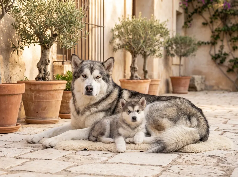Alaskan Malamute, a grey and white mother and puppy lying in a shaded villa courtyard