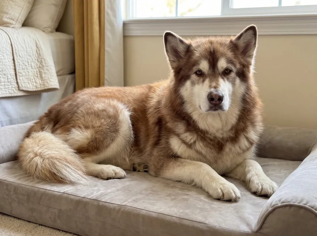 Alaskan Malamute, an older red and white dog resting on an orthopaedic bed, eyes bright