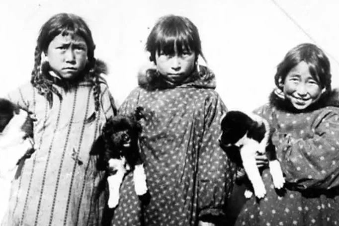 Alaskan Malamute history, three girls holding sled dog puppies in Alaska, about 1913