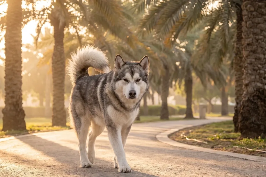 Alaskan Malamute history, a grey and white adult walking along a park path under date palms