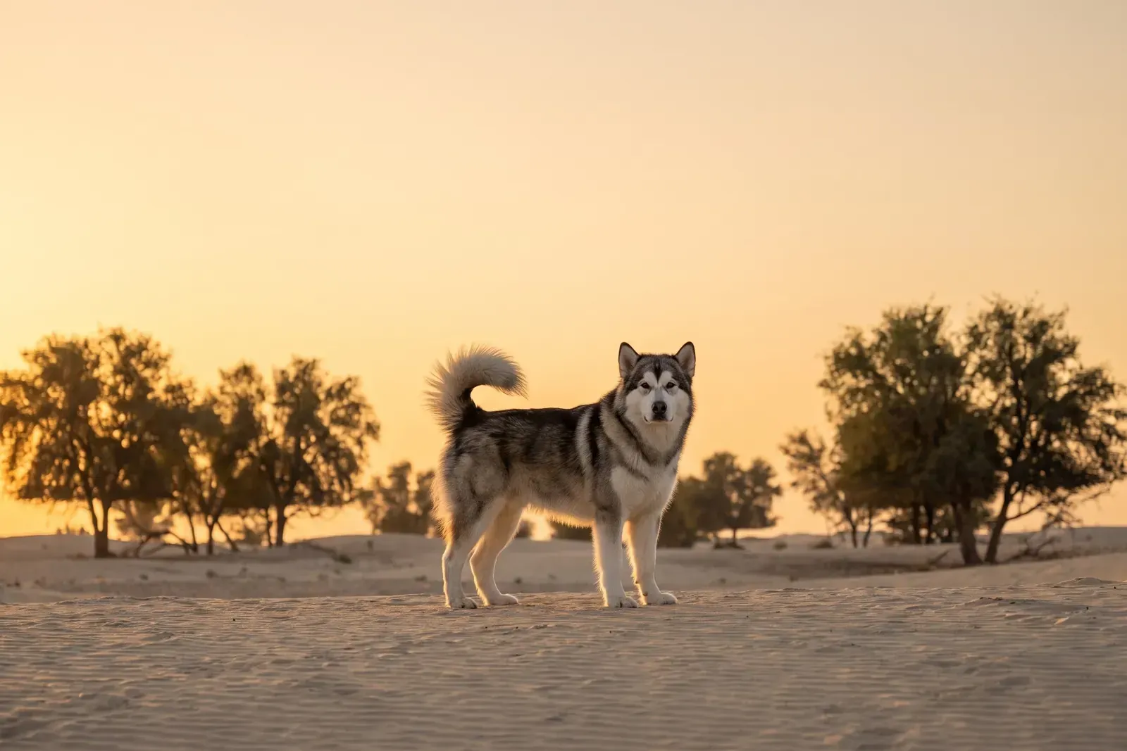 Alaskan Malamute history, the breed today, a black and white adult on desert sand in the UAE at first light
