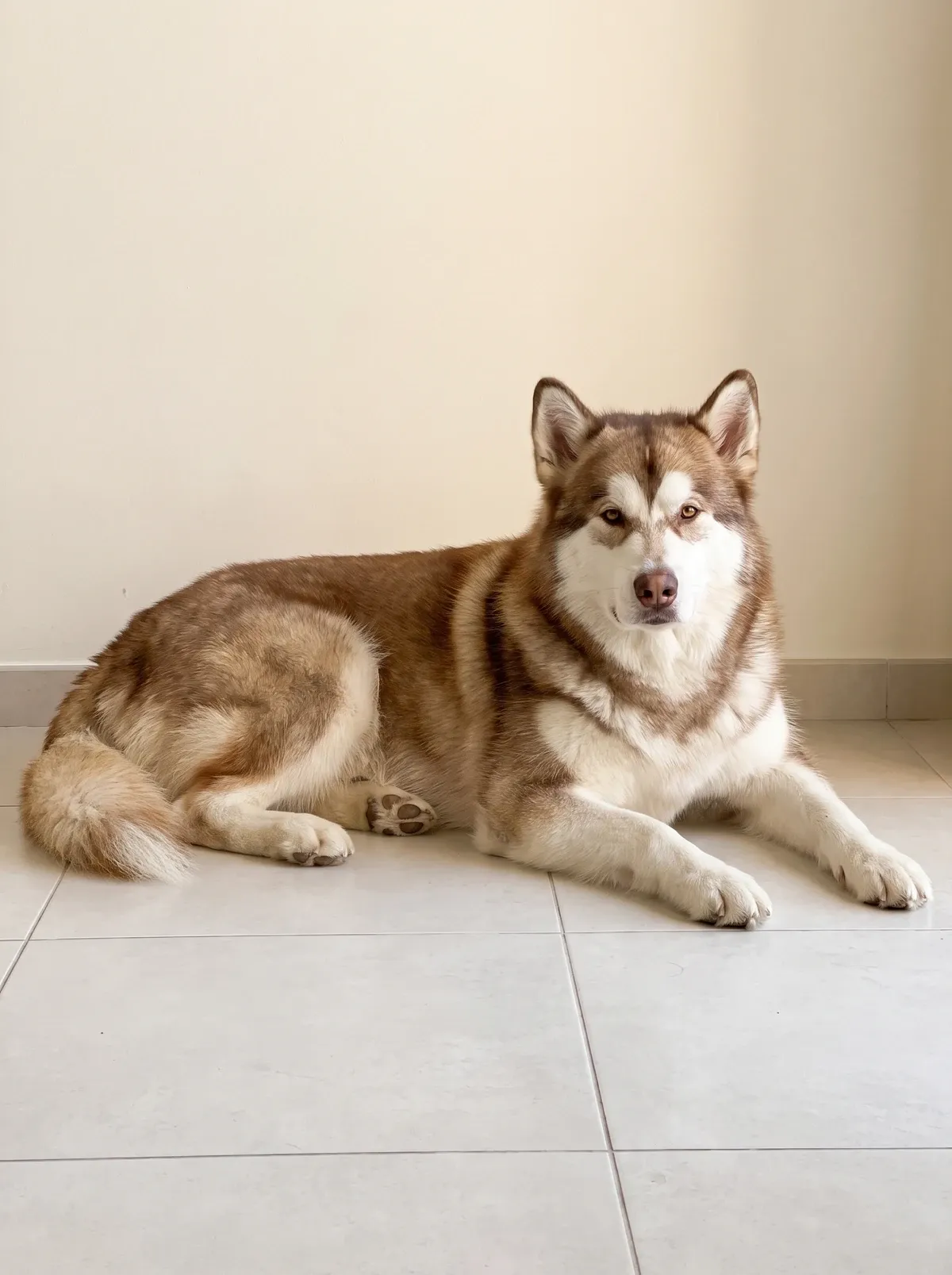 Alaskan Malamute, a red and white adult lying on cool pale tiles in a quiet room
