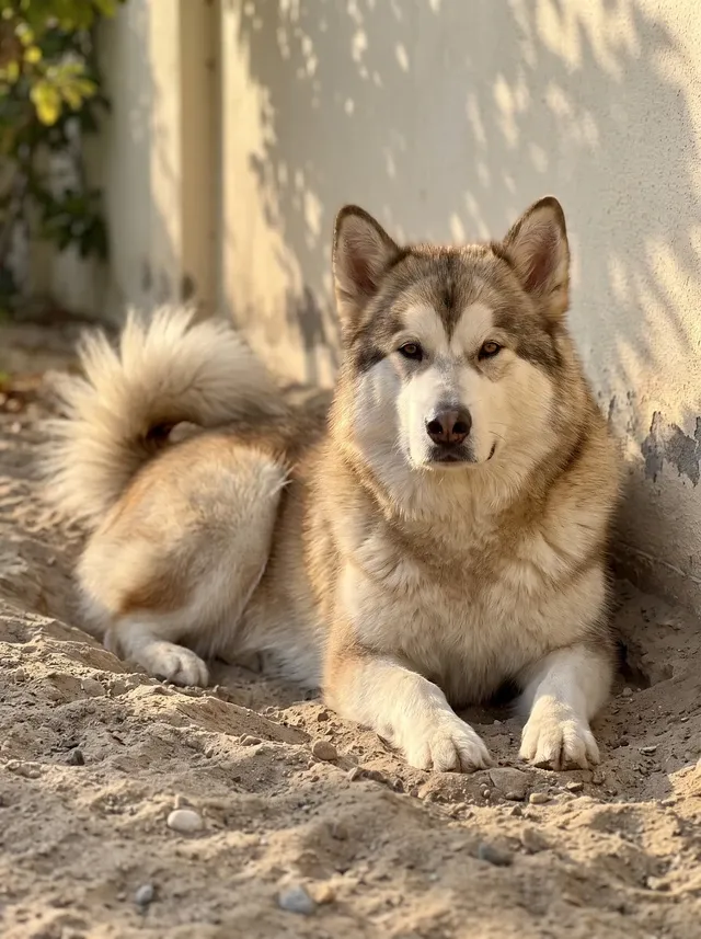 Alaskan Malamute, a sable and white adult lying in a cool sand scrape by a villa garden wall