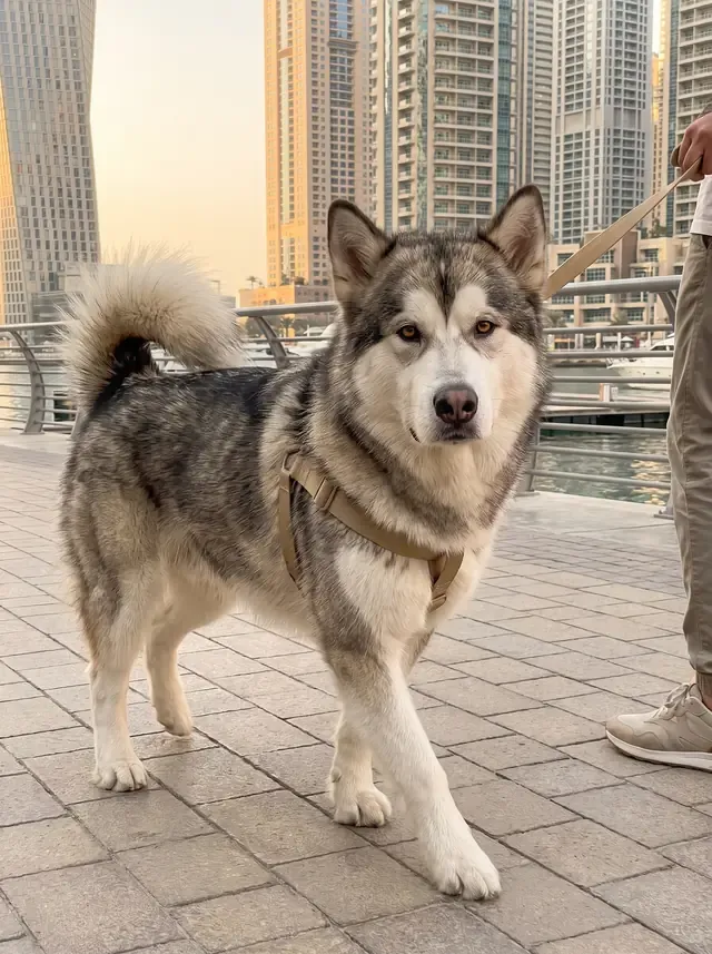 Alaskan Malamute in Dubai, a grey and white adult in a tan harness on the Marina promenade at dawn