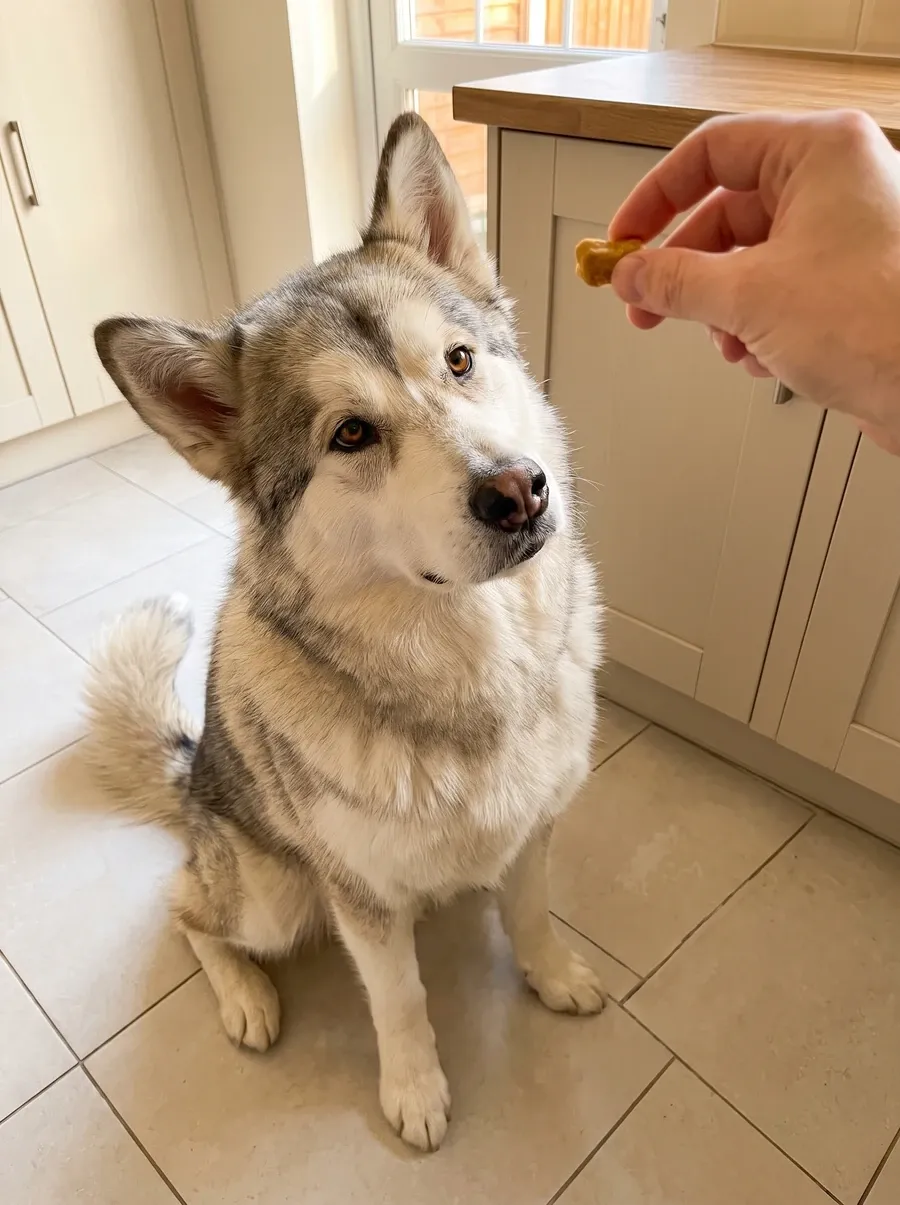 Alaskan Malamute, a silver and white adult on a tiled kitchen floor, head tilted at a treat