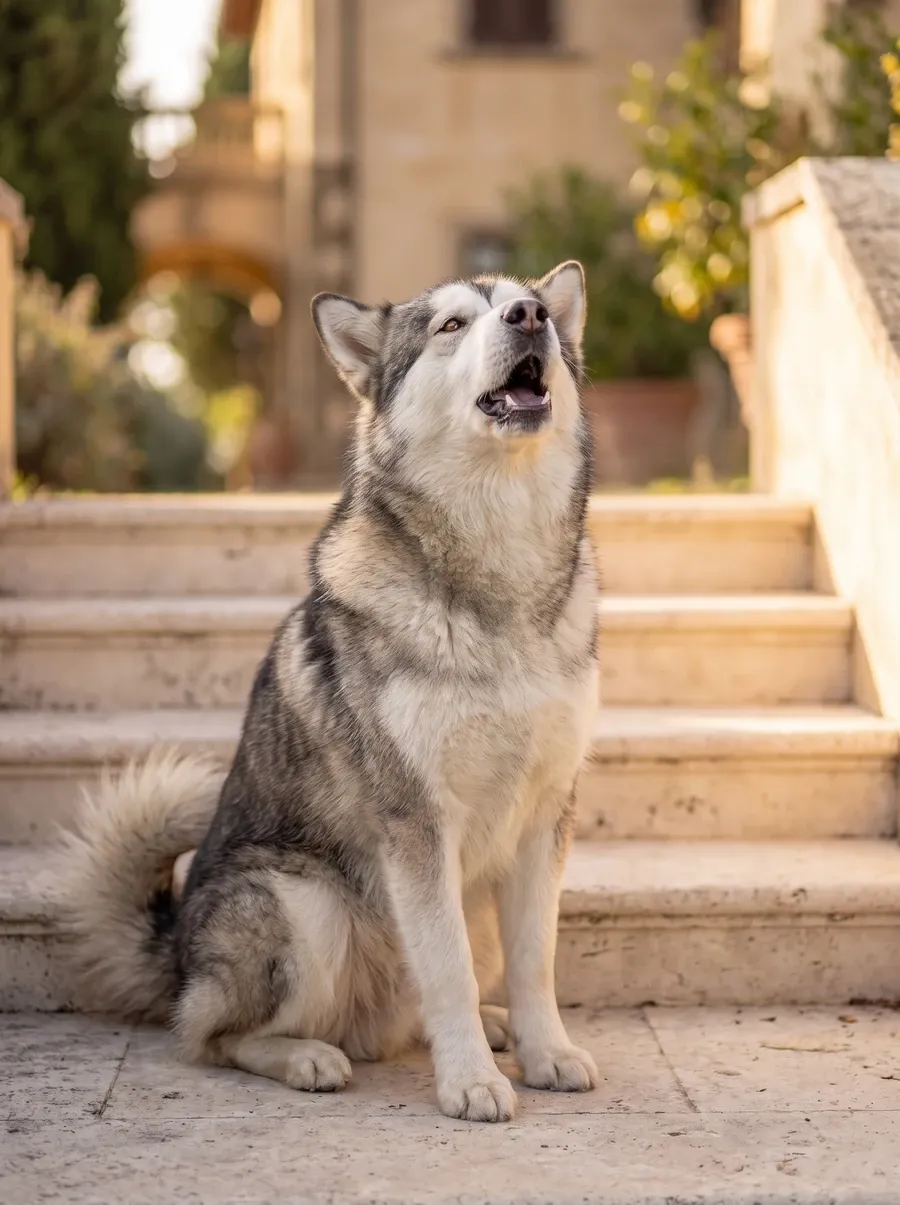 Alaskan Malamute, a grey and white adult howling on pale stone villa steps