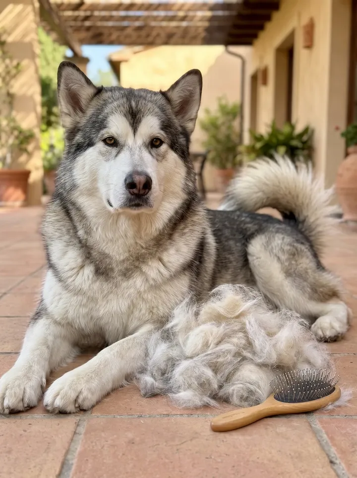 Alaskan Malamute, a grey and white adult on a shaded terrace beside a pile of brushed-out undercoat