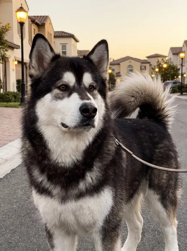 Alaskan Malamute, a seal and white adult on a lead watching across a villa street at dusk