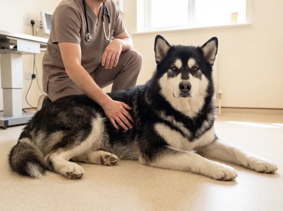 Alaskan Malamute, a black and white adult lying calmly as a vet in taupe scrubs rests a hand on its side