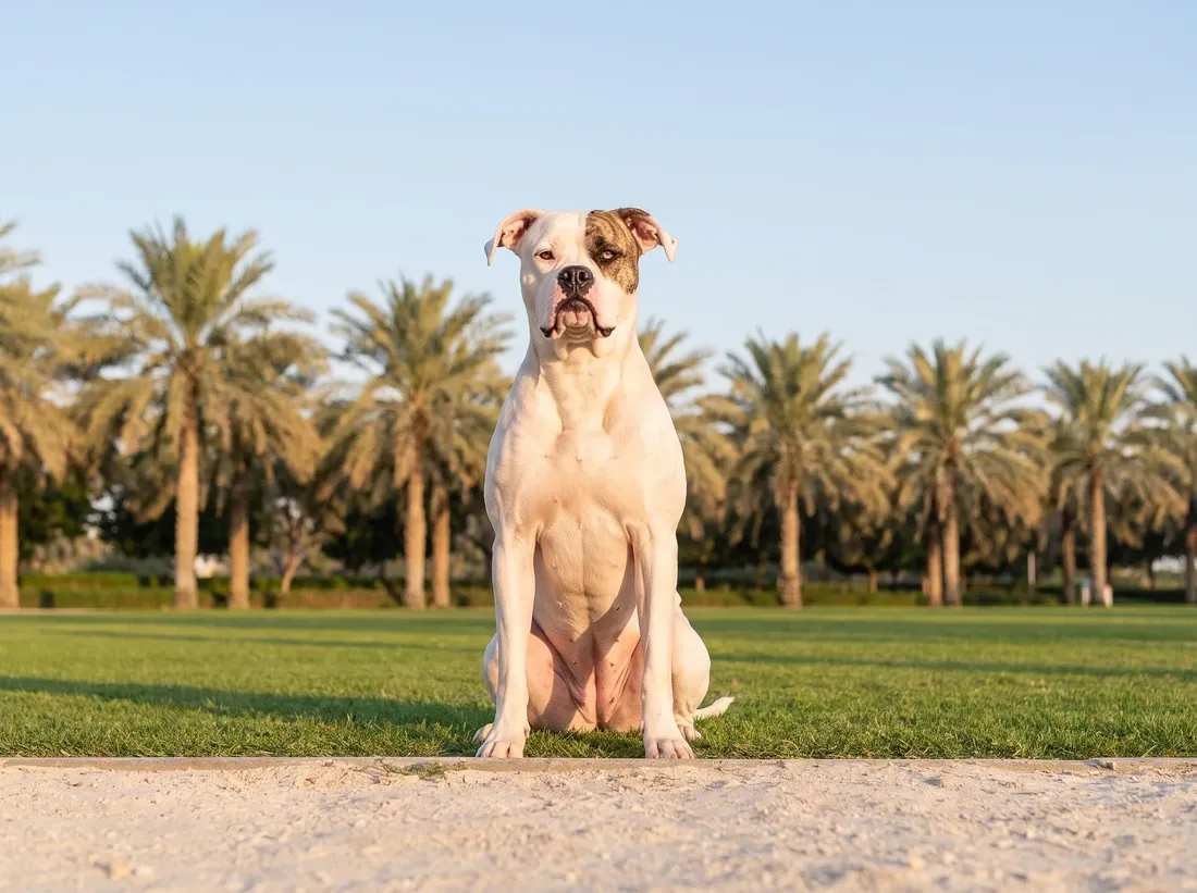American Bulldog in Dubai, a white adult with a brindle head patch sitting on a lawn lined with date palms