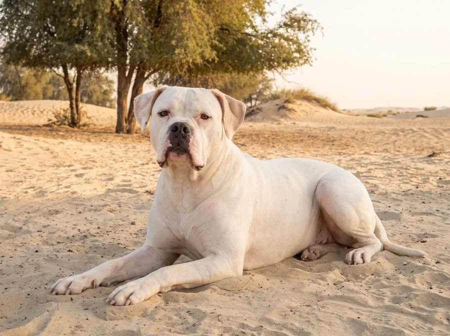 American Bulldog in Dubai, a white standard type adult lying on pale desert sand under ghaf trees